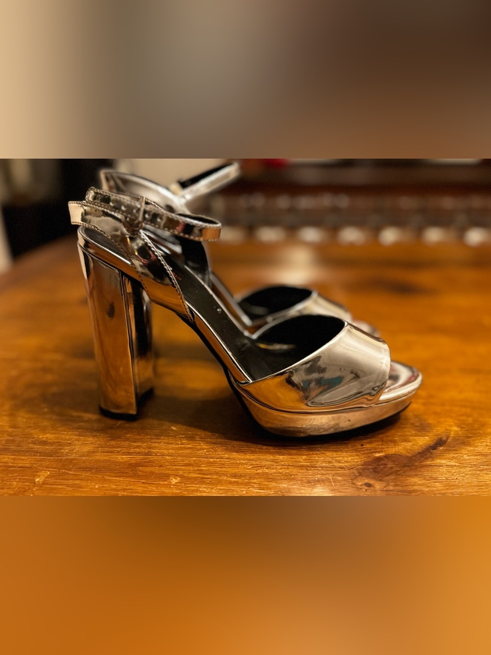 Brand New, Metallic Silver Platform Block Heel Sandals - Women's
